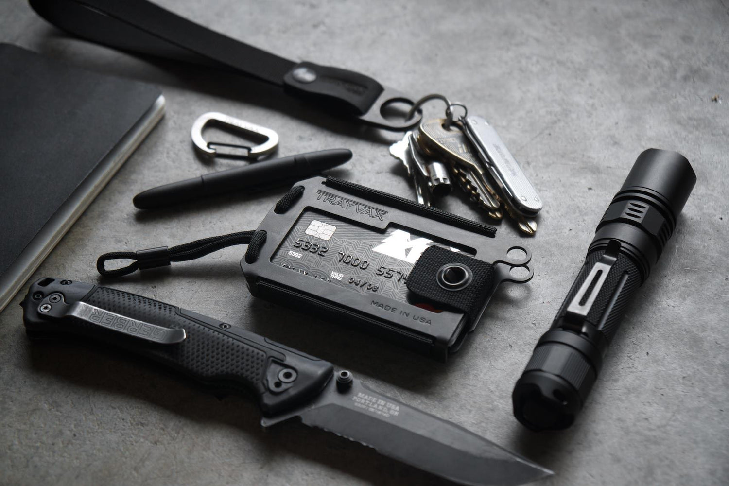 Black Axis Wallet Surrounded By Everyday Carry Gear
